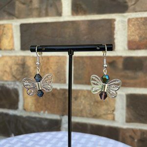 Handmade Butterfly Silver-Blue Iridescent Earrings